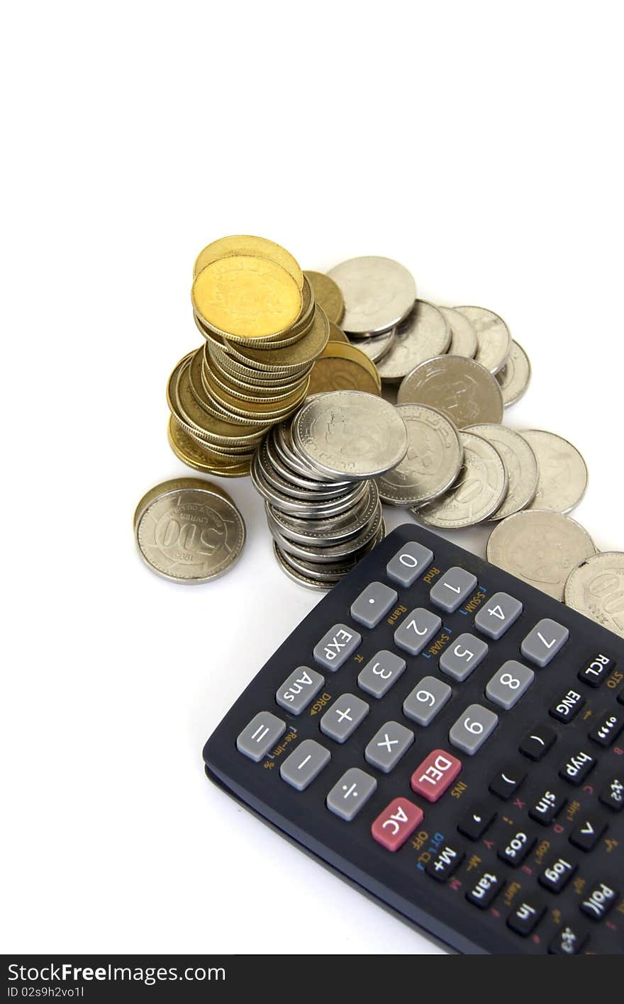 Calculator and money coins isolated on a white backgorund