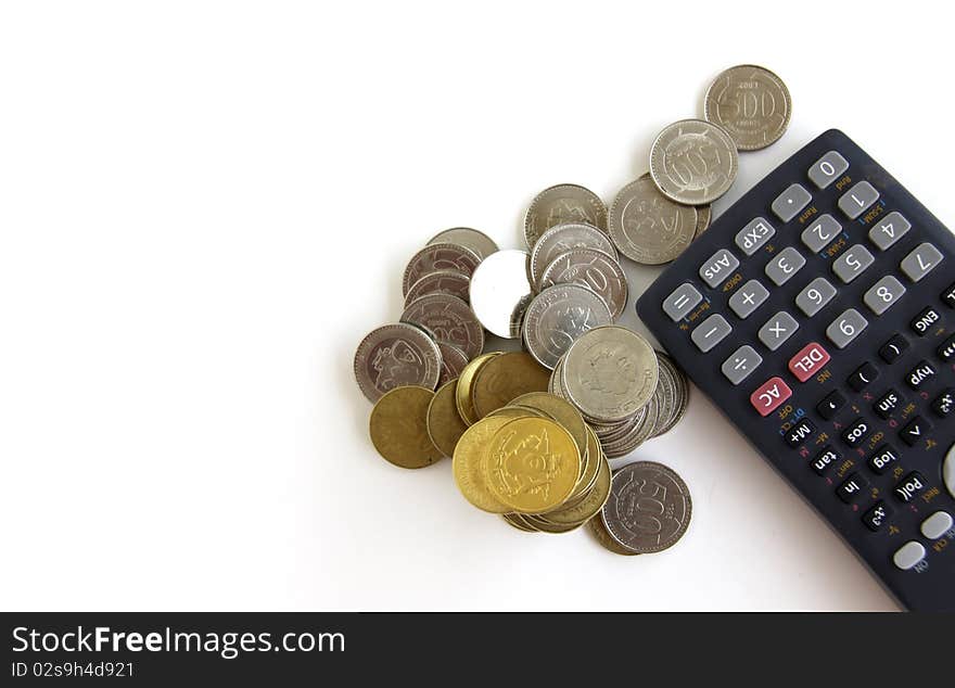 Calculator and money coins isolated on a white backgorund