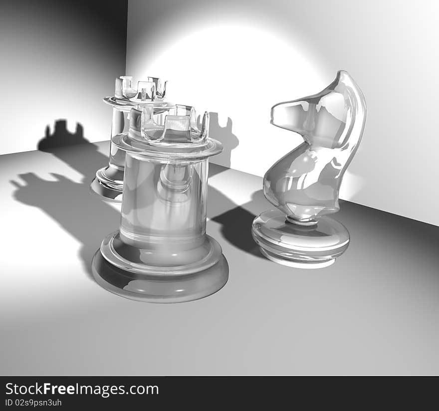 Chessmen from glass on a white background