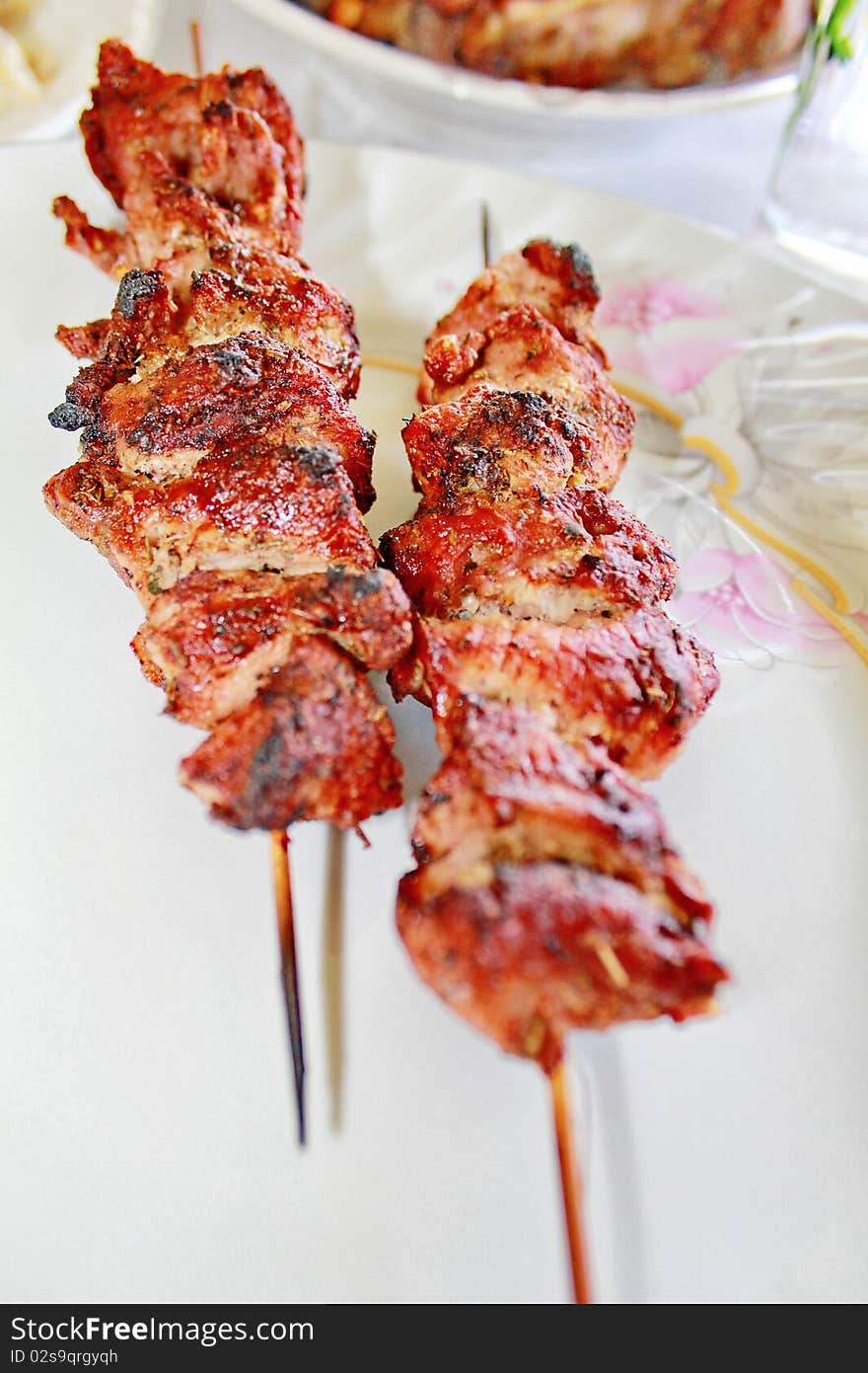 Grilled greek souvlaki served on plate