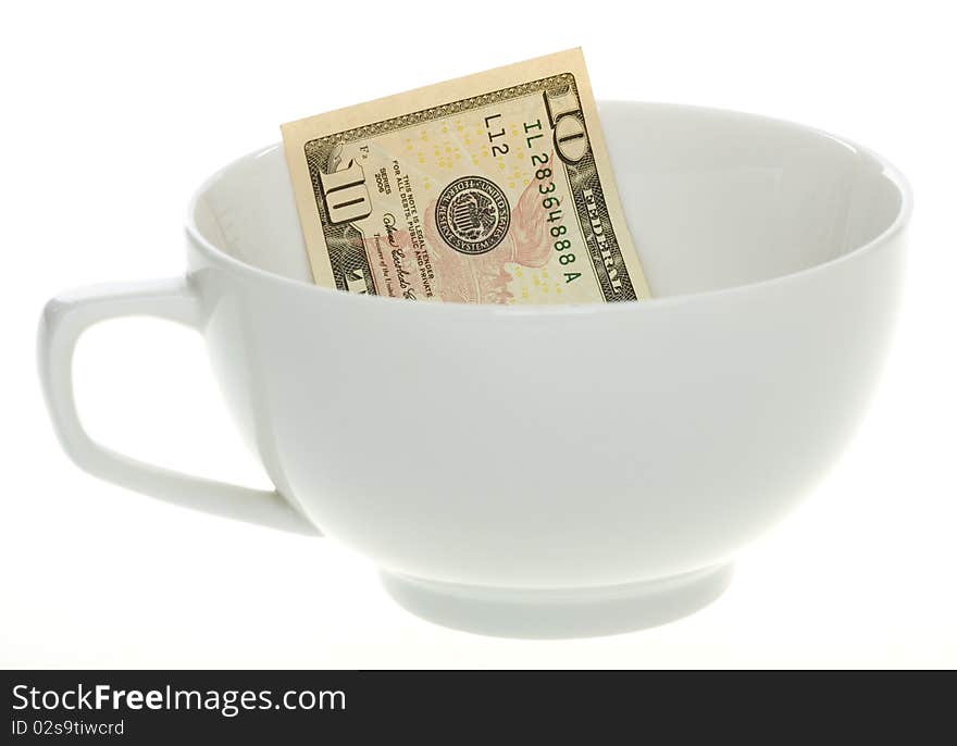 Ten Dollar Bill in a White Coffee Mug