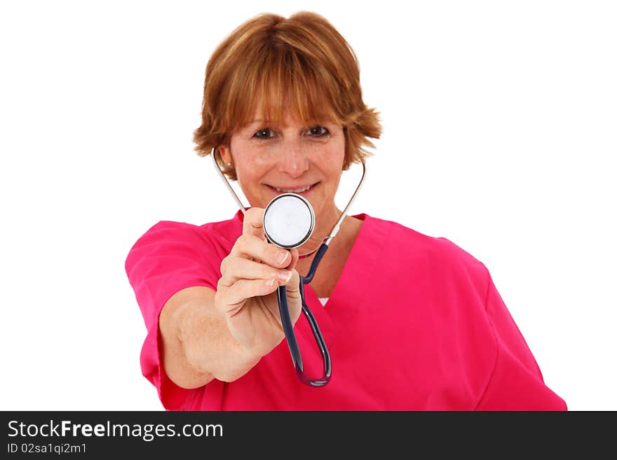 Middle aged Nurse Holding Stethoscope Towards Camera