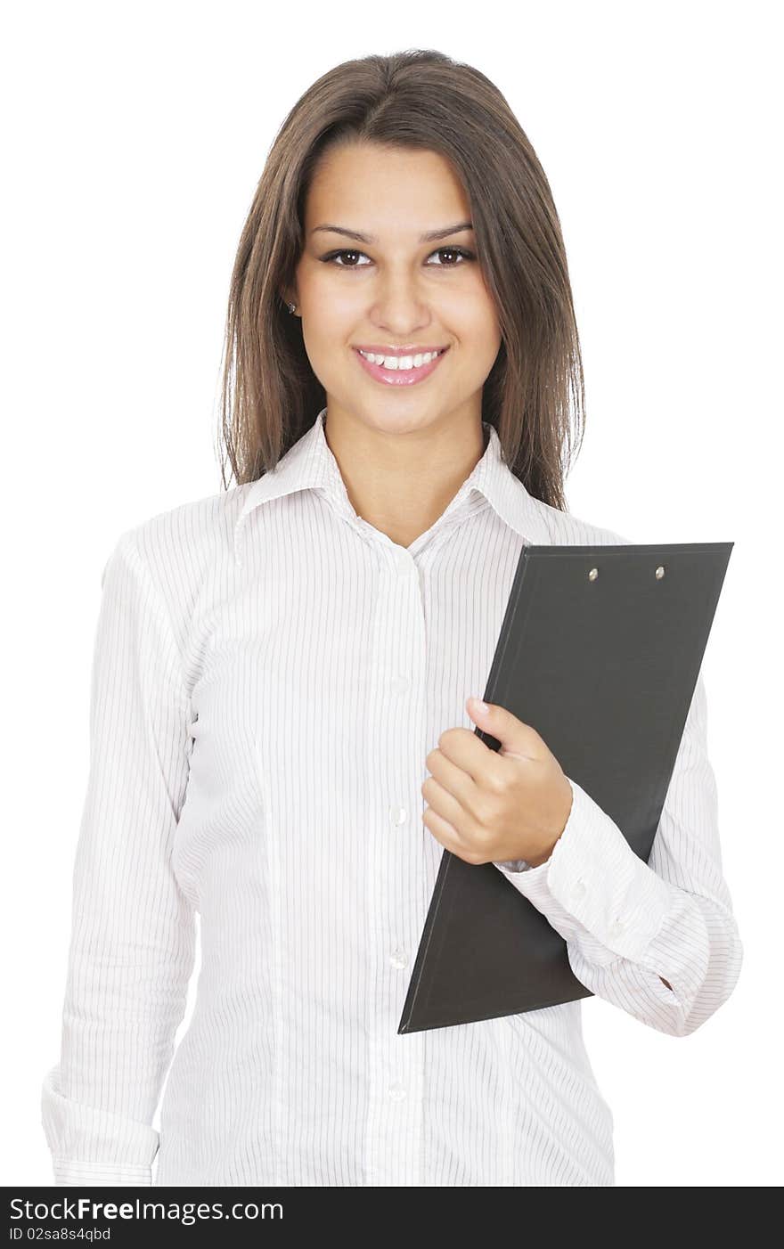 A portrait of a young business woman with a map case