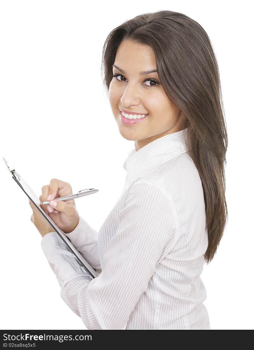 A portrait of a young business woman with a map case