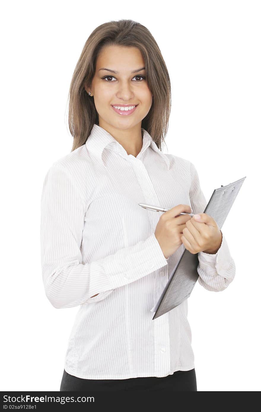 A portrait of a young business woman with a map case