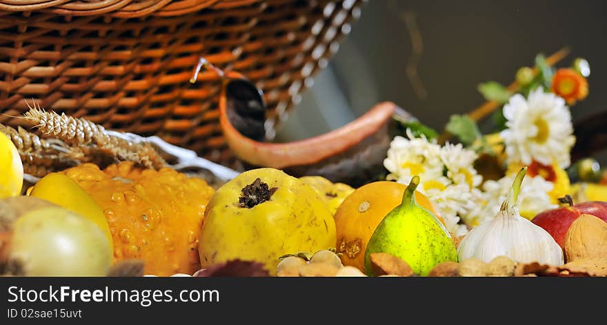 Fall arrangement with fruits and vegetables in studio