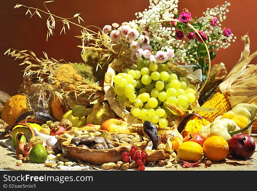 Fall arrangement with fruits and vegetables in studio