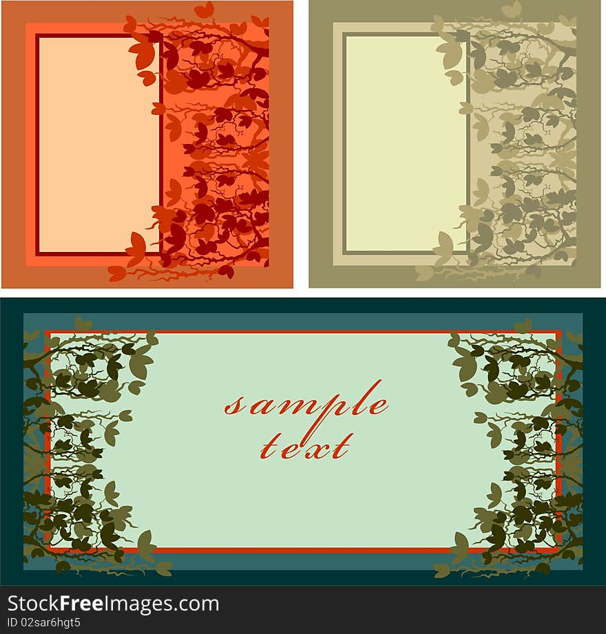 Set of postcards with plant elements and  in different colors