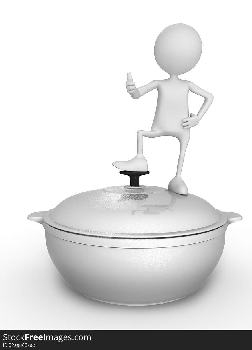 Saucepan and person. 3d image isolated on white background.