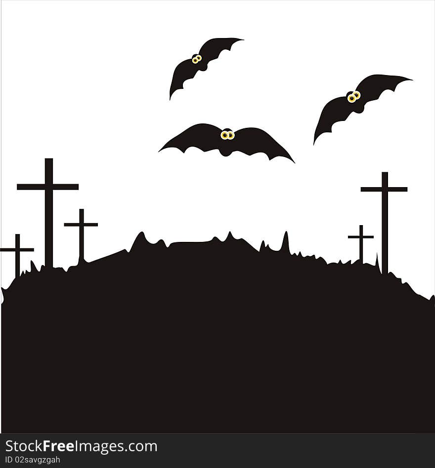 Halloween landscape silhouette with bats