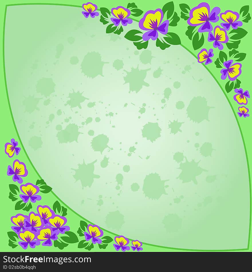 Frame of purple flowers on a green background splashed. Frame of purple flowers on a green background splashed