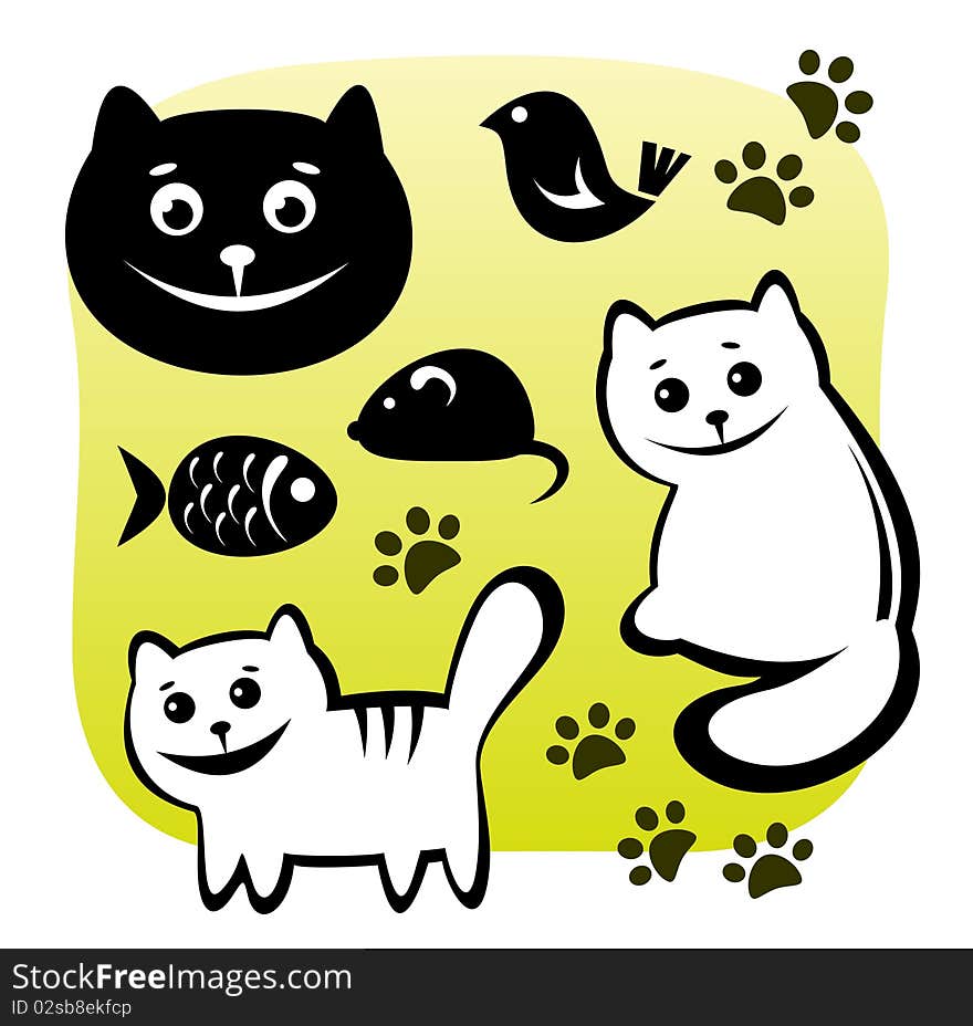 Stylized cats set with meal on a green background.