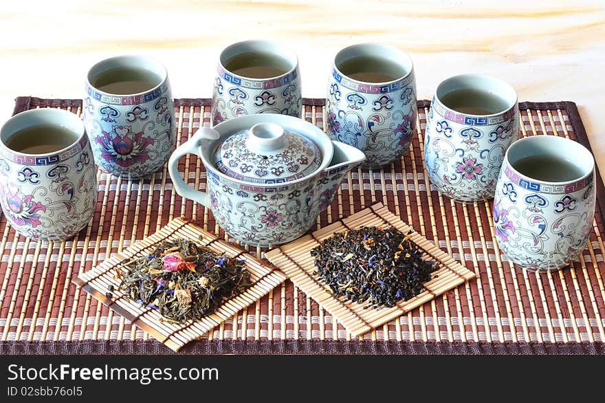 Tea is brewed in Chinese porcelain tableware. Tea is brewed in Chinese porcelain tableware