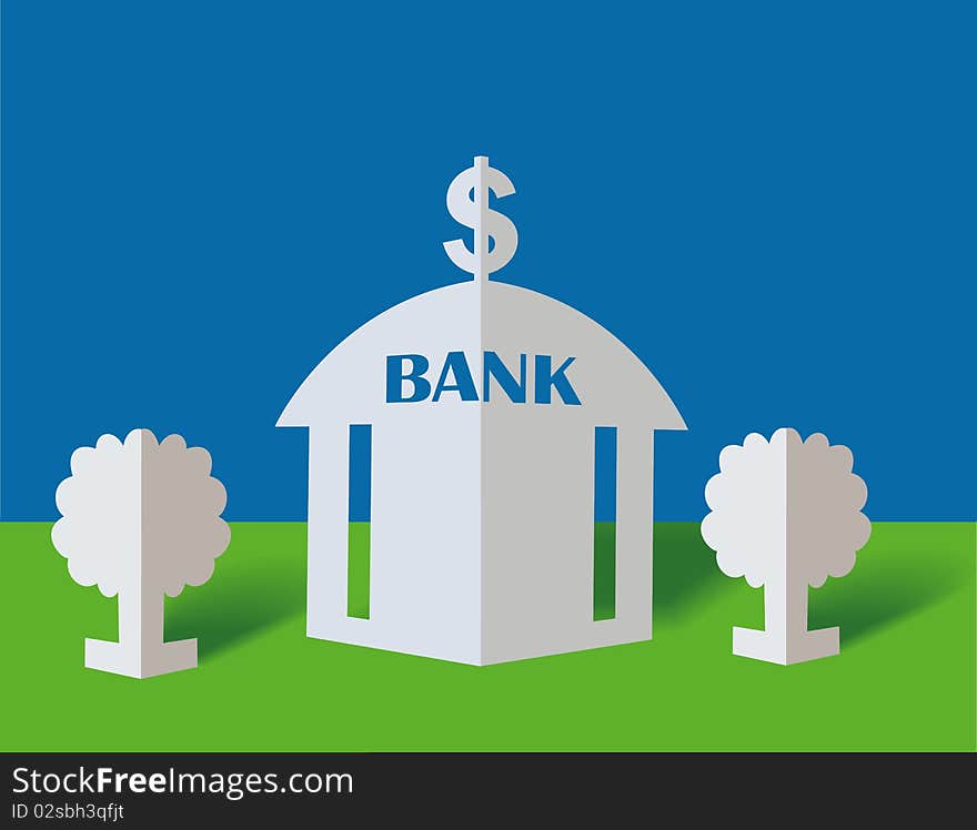 Bank and dollar on a blue background