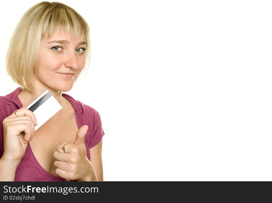 Portrait of a beautiful woman holding a blank credit card on white background. Thumb up. Portrait of a beautiful woman holding a blank credit card on white background. Thumb up