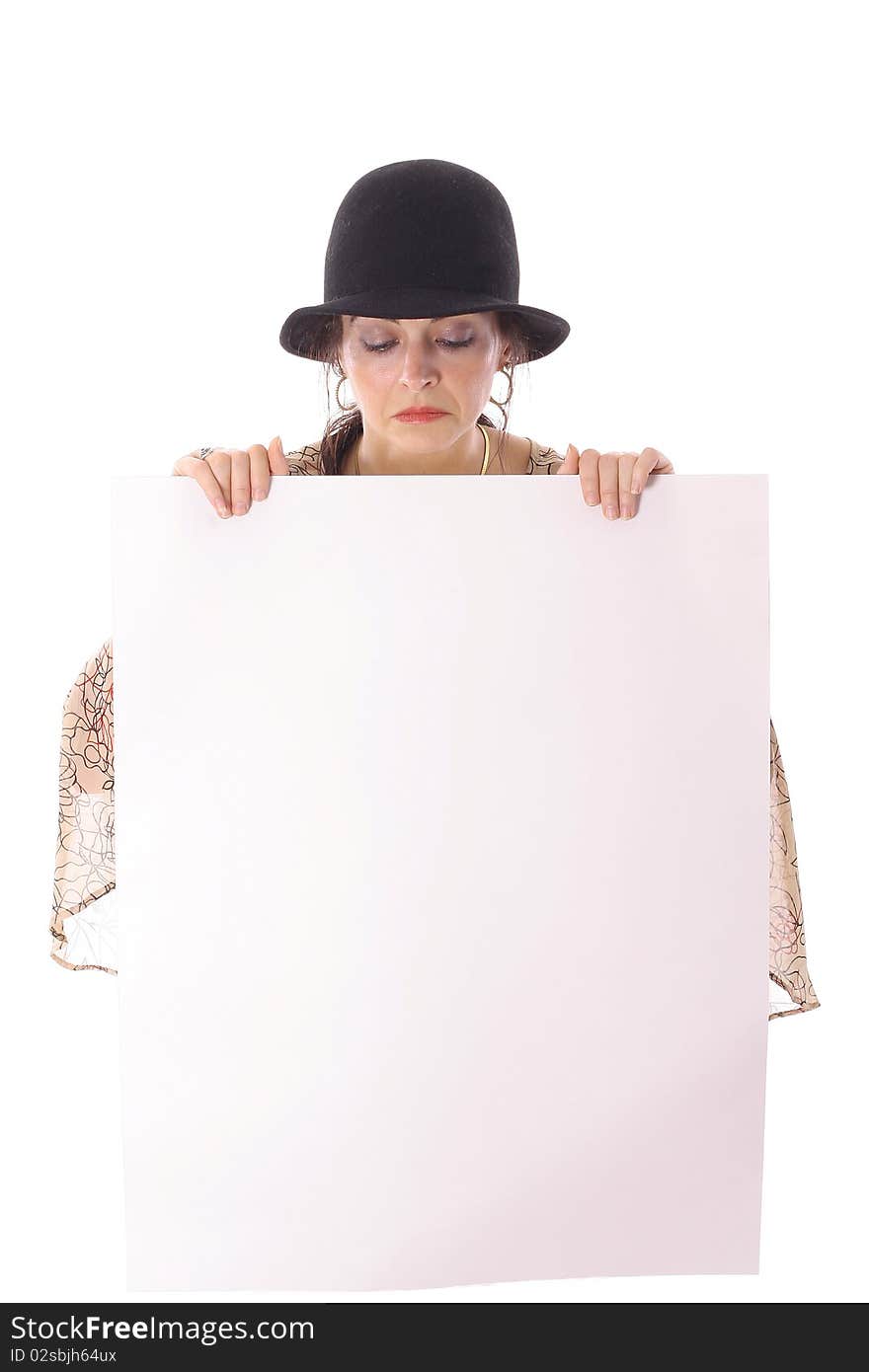 Woman in hat looking at blank copyspace