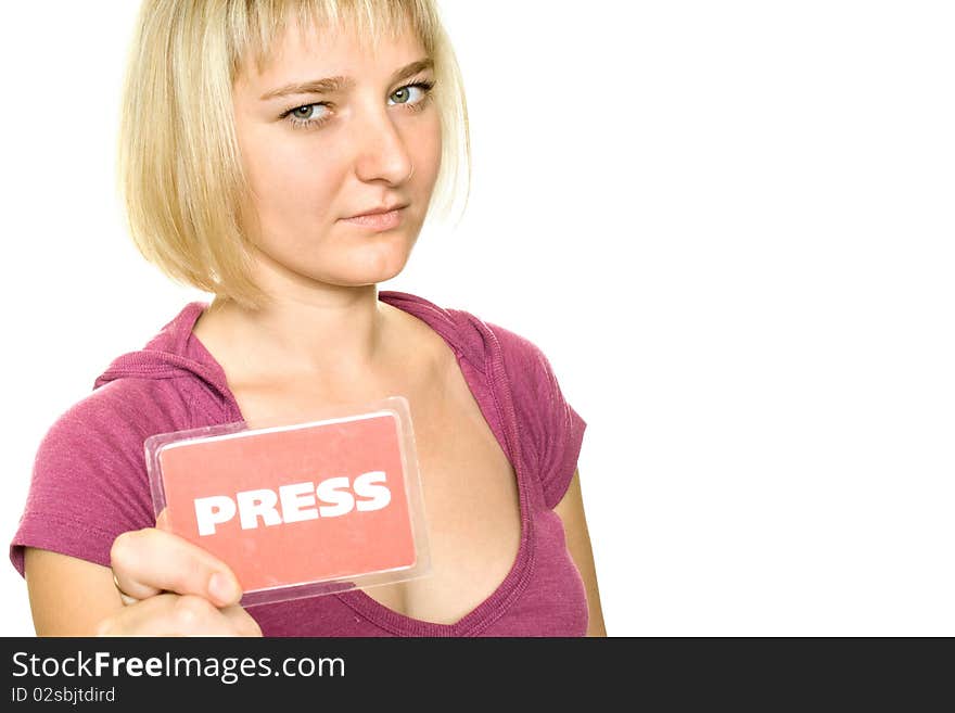 Portrait of a beautiful young woman who holds a press card. Isolated on white background. Portrait of a beautiful young woman who holds a press card. Isolated on white background