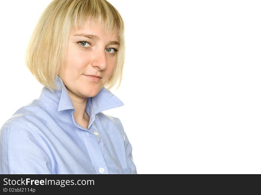 Young businesswoman on a white background. Specify finger. Young businesswoman on a white background. Specify finger