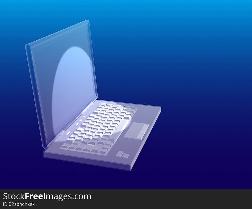 Three-dimensional computer with a blue screen on a blue background