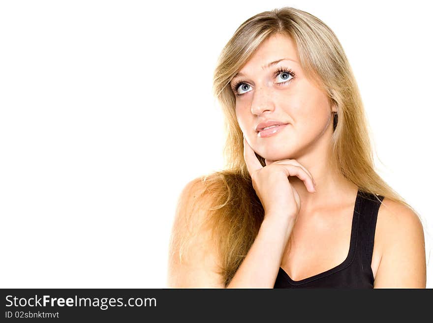 Beautiful young woman thinking. Isolated on white background