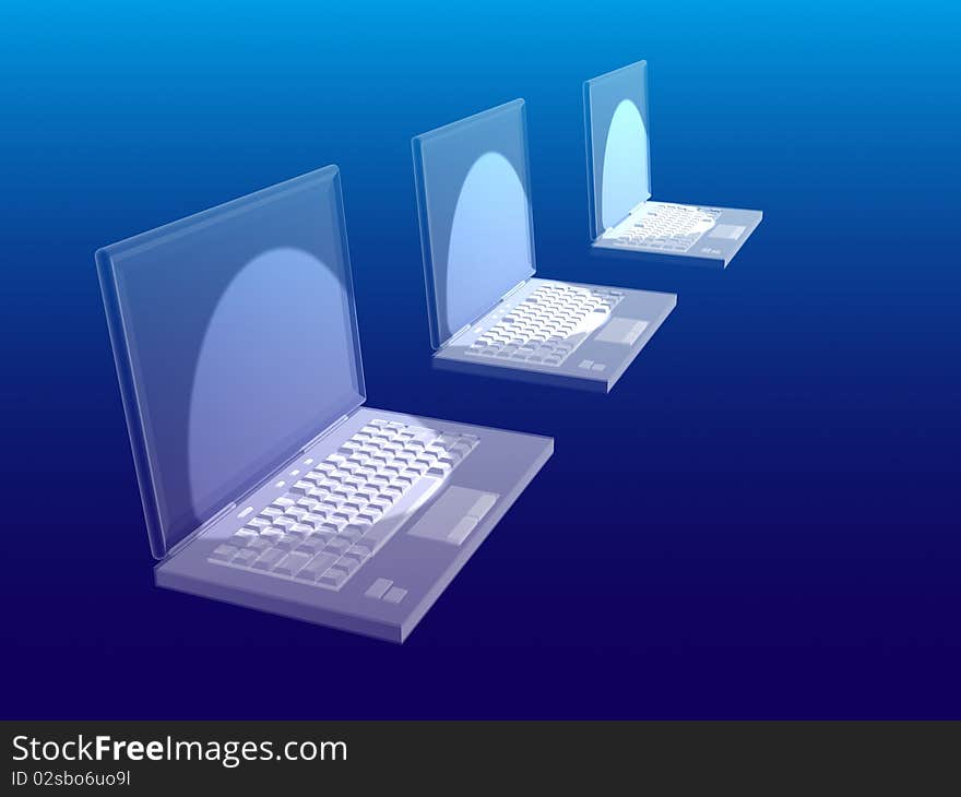 Three-dimensional computer with a blue screen on a blue background