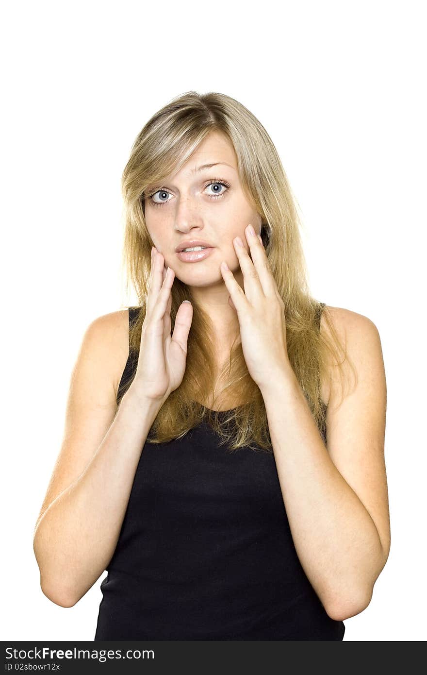 Close-up of a young woman looking surprised on white background