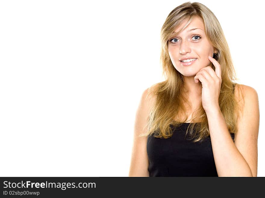 Beautiful young woman thinking. Isolated on white background