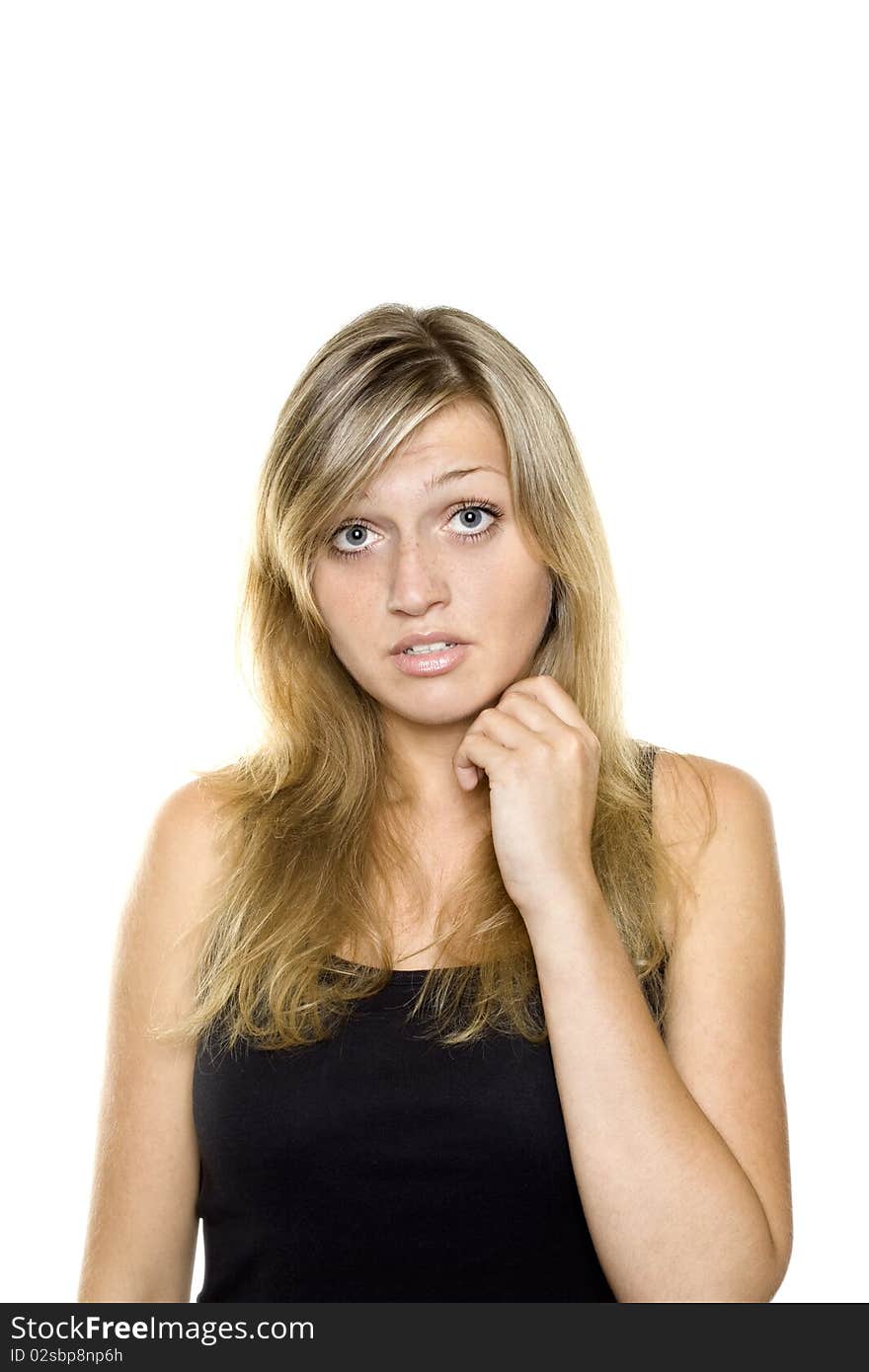 Close-up of a young woman looking surprised on white background