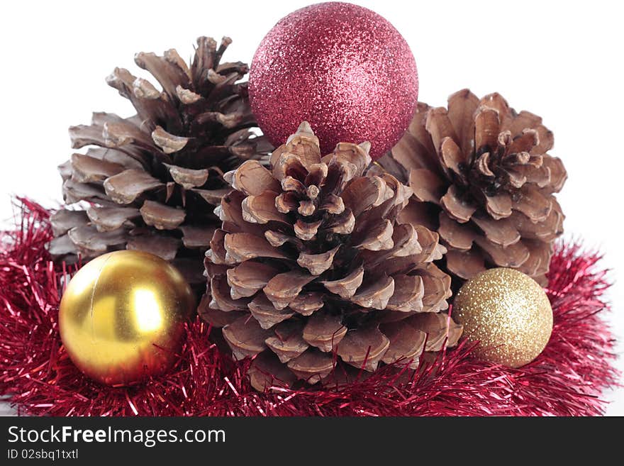 Christmas decorations closeup over white