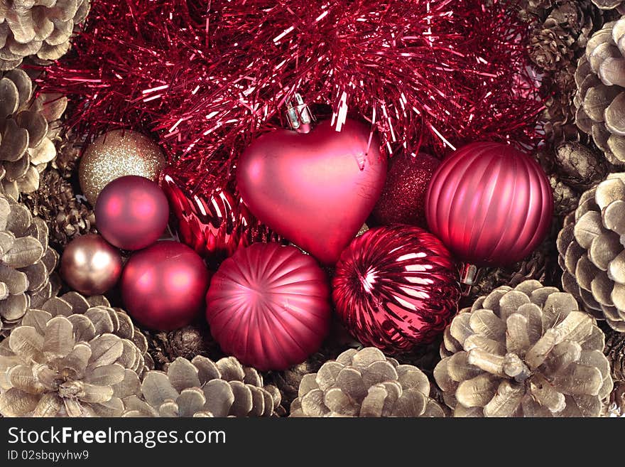 Christmas decorations and pinecones detail. Christmas decorations and pinecones detail