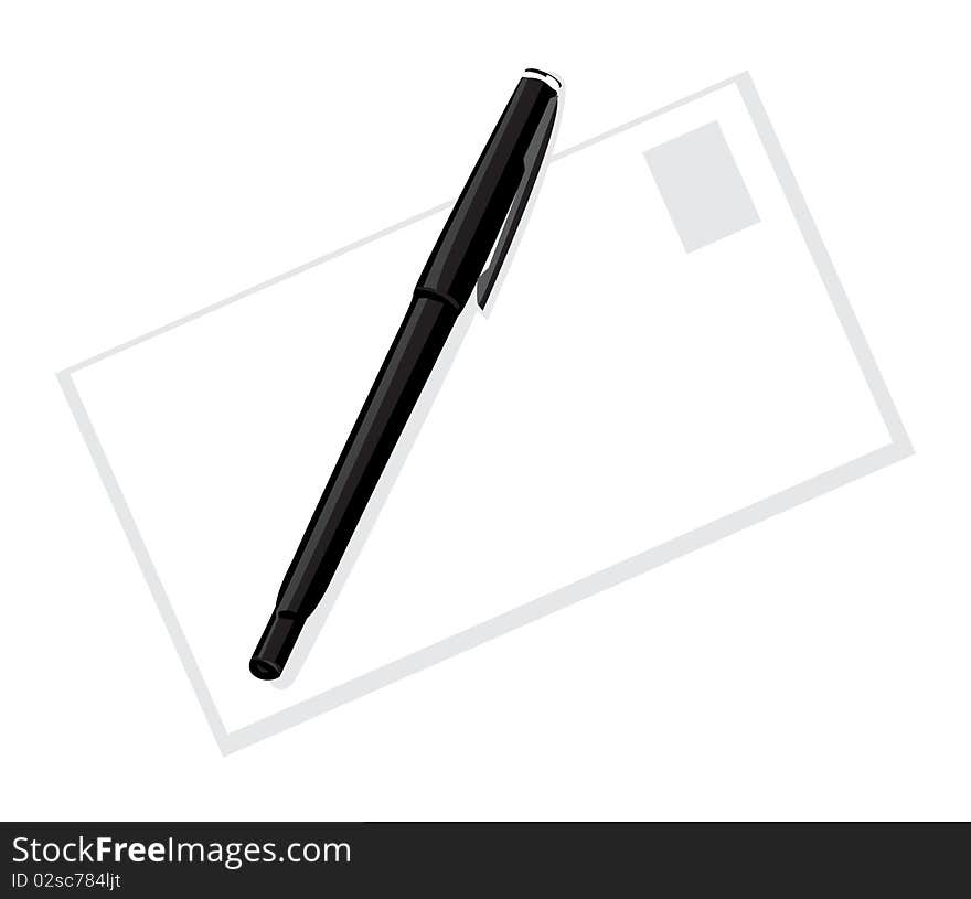 The black handle lays on a sheet of paper. A  illustration. The black handle lays on a sheet of paper. A  illustration