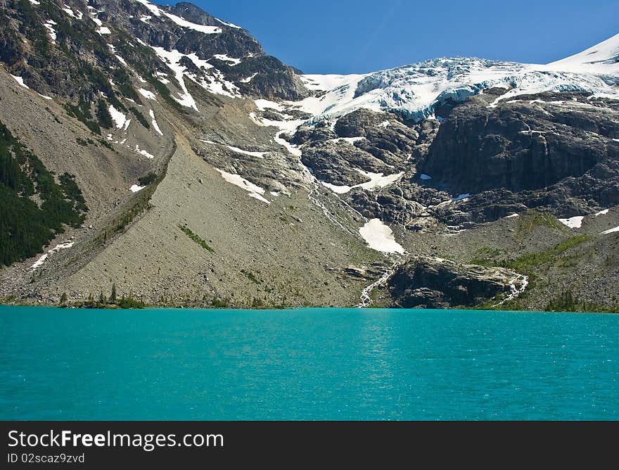 View of Upper Joffres Lakes with the glacier in the background