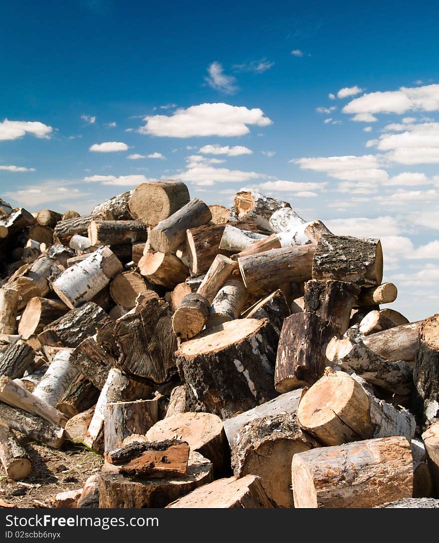 Wood harvested for firing against the blue sky