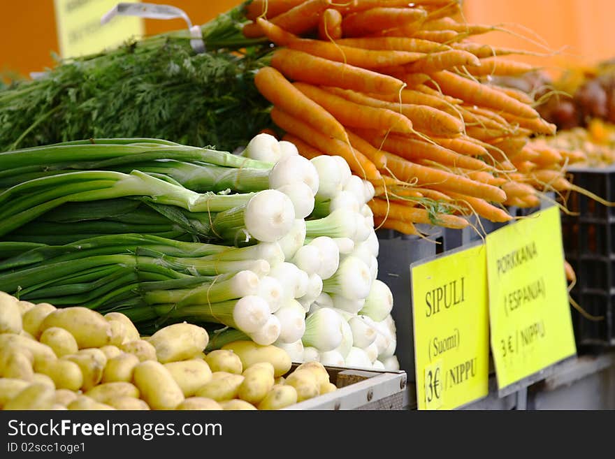 Farmer's Market - Vegetables - potatoes, onions, carrots. Farmer's Market - Vegetables - potatoes, onions, carrots