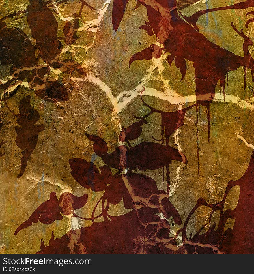 Silhouette of plants and trees on the background of colorful grunge