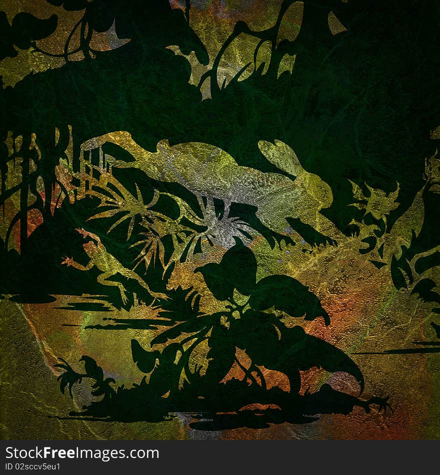 Silhouette of a rabbit and a frog on a background of colored grunge. Silhouette of a rabbit and a frog on a background of colored grunge