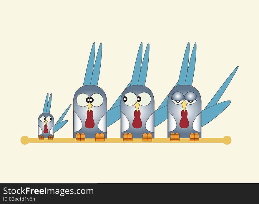 A Hand drawn Illustration of four blue colored stylized birds with blue head and tail feathers, perched side by side on a pole. Set on a plain cream background. A Hand drawn Illustration of four blue colored stylized birds with blue head and tail feathers, perched side by side on a pole. Set on a plain cream background.