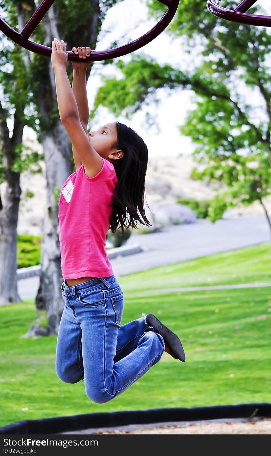 Child Swinging On The Monkey Bars