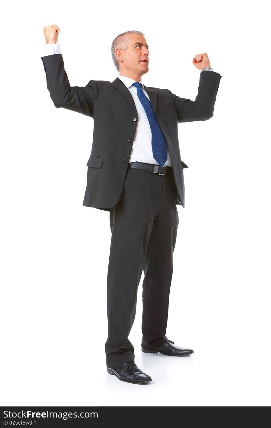 Happy businessman with hands up showing success in business. Isolated on white background. Happy businessman with hands up showing success in business. Isolated on white background.