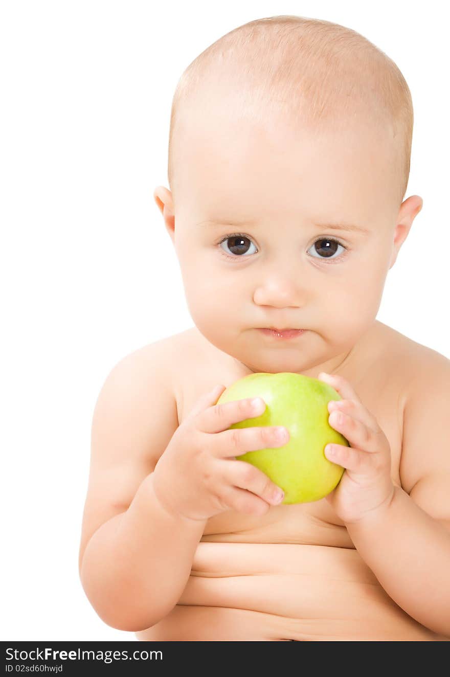 Lovely baby girl with green apple  in white background