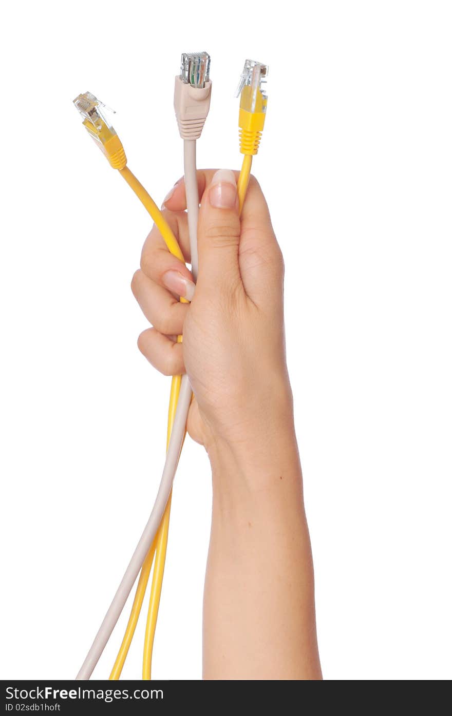 Woman holding power LAN cords in the hand