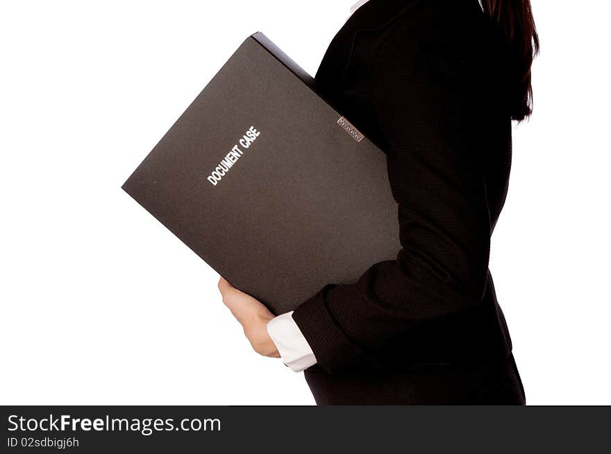 The office worker holds the document case in the hands