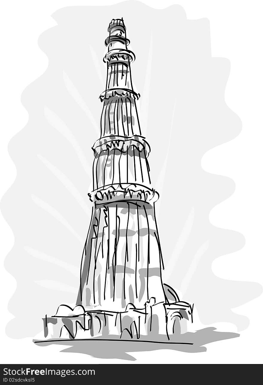 Hand drawn illustration of the Qutub Minara tower in Delhi, India is the world's tallest brick minaret. it is notable for being one of the earliest and most prominent examples of Indo-Islamic architecture. Hand drawn illustration of the Qutub Minara tower in Delhi, India is the world's tallest brick minaret. it is notable for being one of the earliest and most prominent examples of Indo-Islamic architecture.