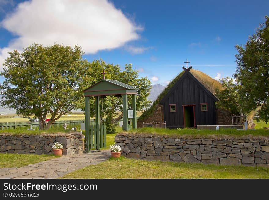 Front of old wooden church at Vidimyri in Iceland