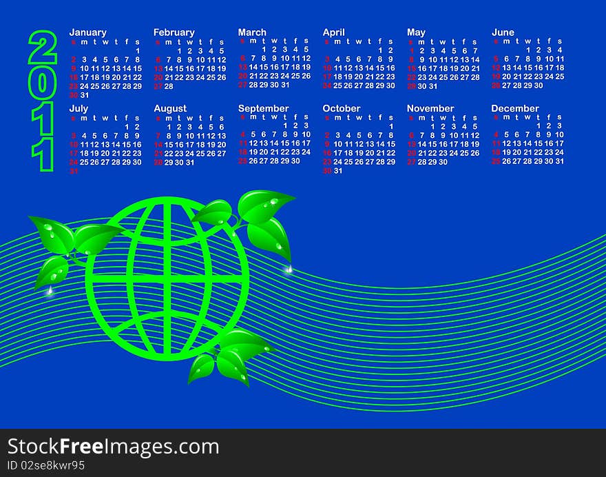 Eco Calendar 2011. Globe with leaves and drops. Vector. Eco Calendar 2011. Globe with leaves and drops. Vector.