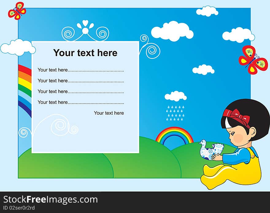 Vector drawing children's postcards, posters or form for congratulations, depicting a small child, clouds, butterflies and rainbows. Vector drawing children's postcards, posters or form for congratulations, depicting a small child, clouds, butterflies and rainbows.