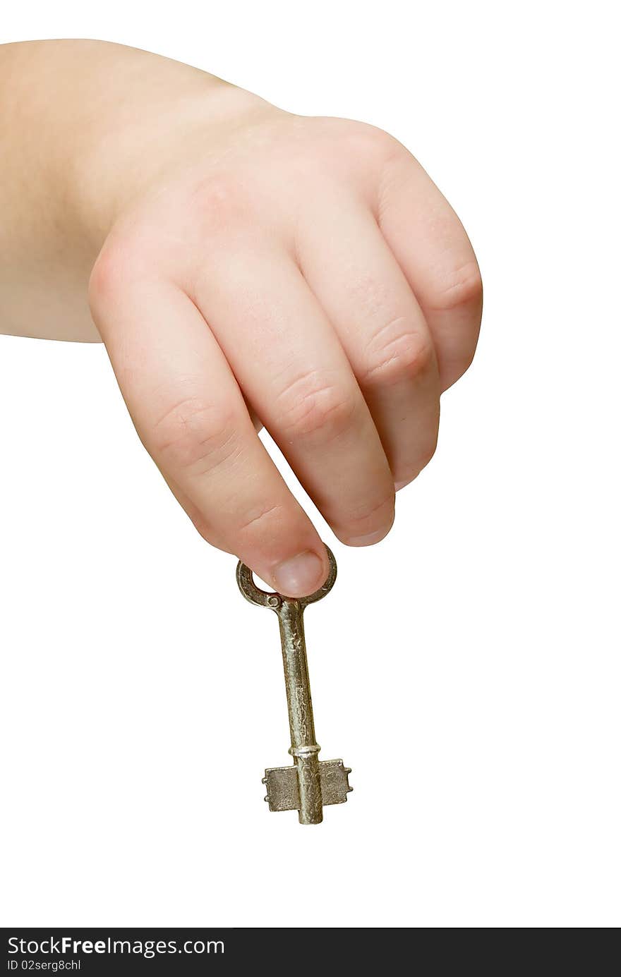Metal key in the hand isolated with path