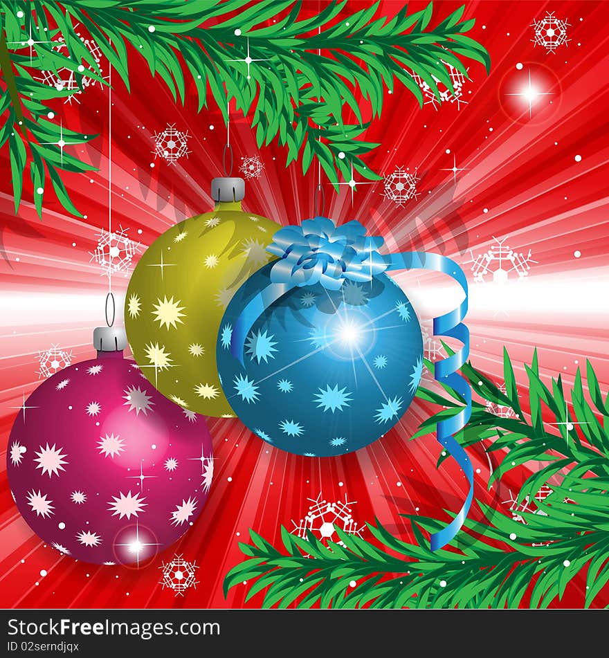 Illustration, new year's balls under new year's fir tree