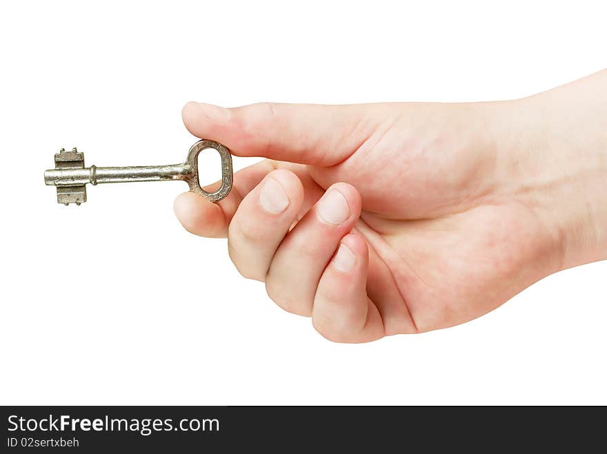 Retro key in hand isolated over white