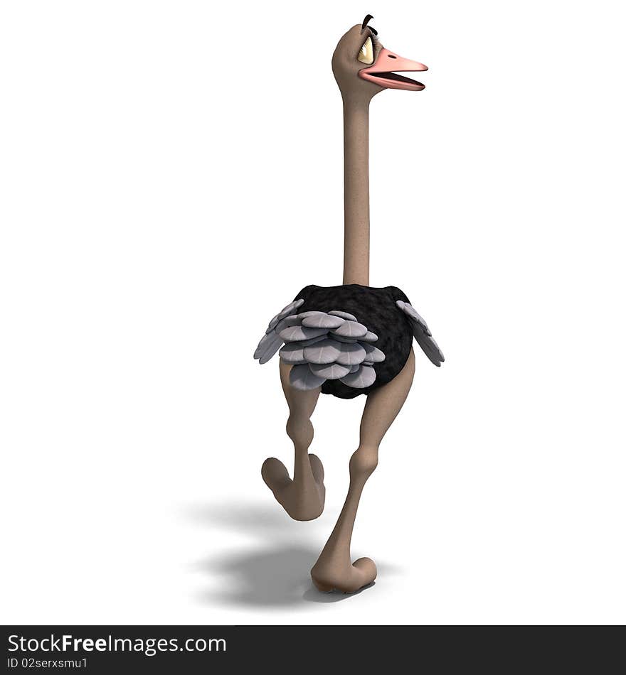 Cute toon ostrich gives so much fun. 3D rendering with clipping path and shadow over white